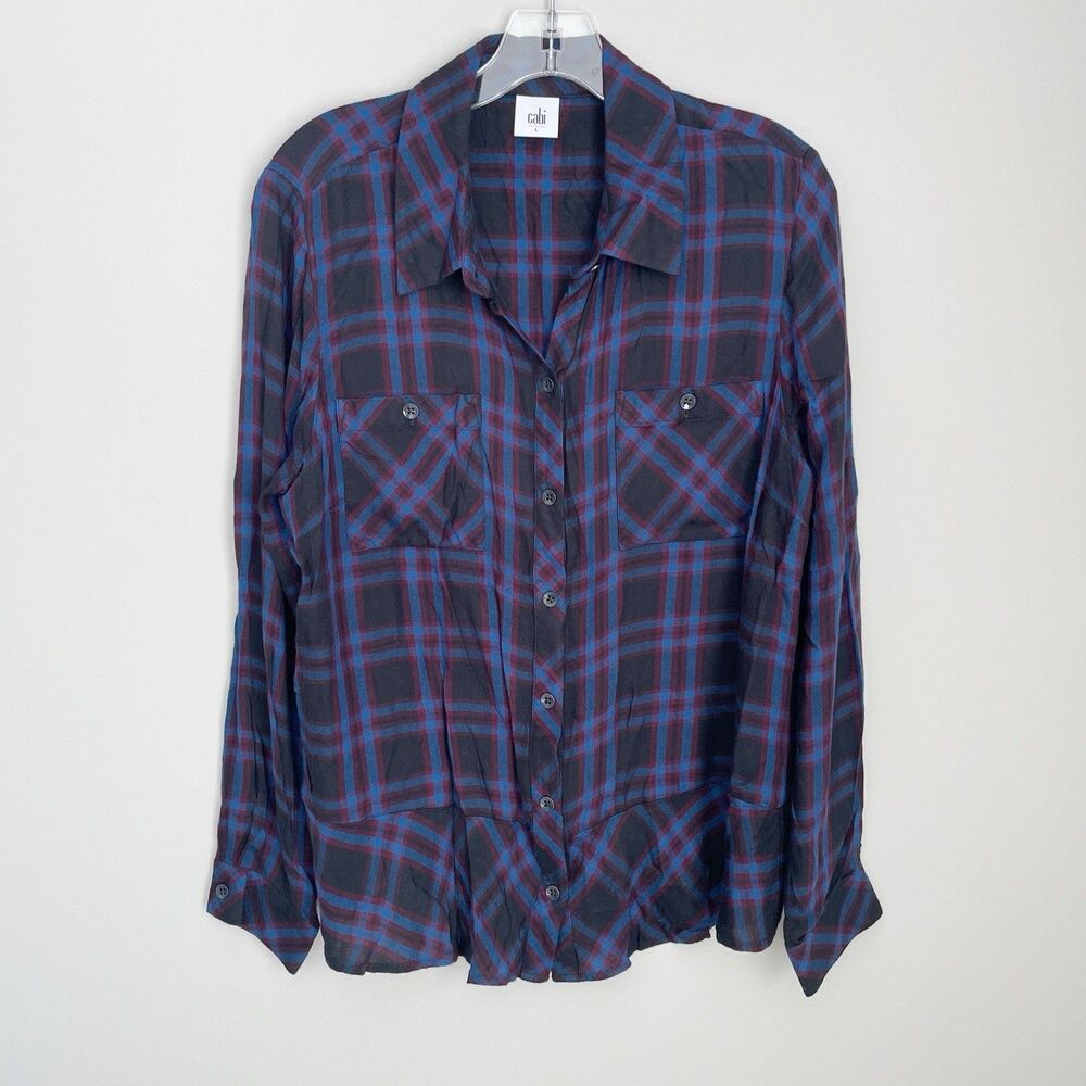 Cabi Size L Multicolor Plaid Long Sleeve Peplum Button Shirt Fall